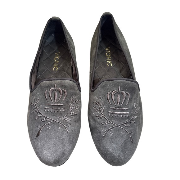 Vionic Gray Suede Crown Embroidered Comfort Slip On Loafer Shoes 7 - Picture 1 of 9